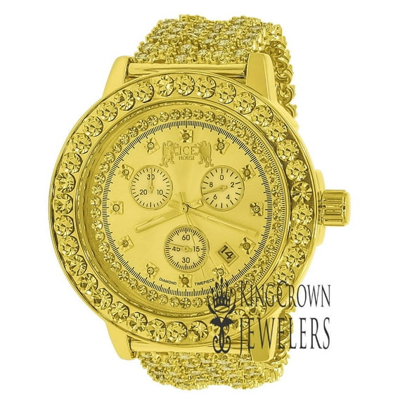 Gold Canary Tone Mens Solitaire Bezel Real Genuine Diamond Dial Iced Out Custom Band Watch W/Date Function