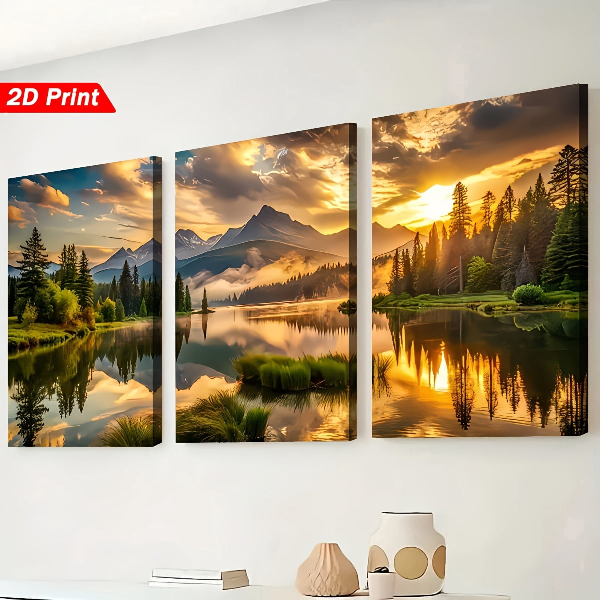 [Holiday Gift] 2D Flat, [2D/Flat Print] Framed Canvas Painting And Poster, Ready to Hanging, Natural Sunrise, Forest, Trees, Lakes, Modern Artistic Landscapes, Home Decor, Wall Art, Room Decoration,