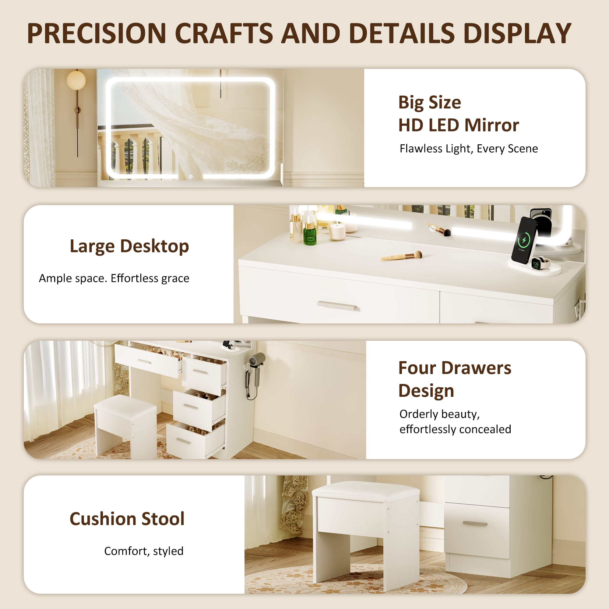 LIVELYGLOW Smart LED Vanity Desk with Stool, Dimmable Lighted Mirror, Built-in Power Outlets & USB Ports, Spacious Drawer Makeup Table for Bedroom,White