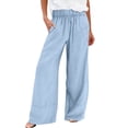 thumbnail image 2 of Wide Leg Linen Pants for Women Tall Spring Linen Palazzo Pants Baggy High Waisted Beach Pant Gauze Lounge Trousers Blue M, 2 of 5