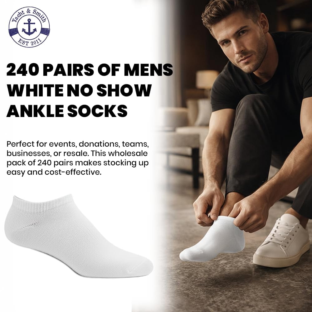 240 Pairs Of Yacht & Smith Mens Wholesale Bulk No Show Ankle Socks, Cotton Sport Athletic Socks - Size 10-13 (White)