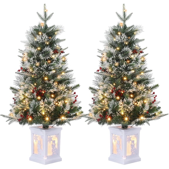 3 Ft Pre-Lit Christmas Tree, 2 Set Artificial Christmas Trees with Lighting Snowman Base, Snow Flocked Xmas Trees with 78 Led Lights, Battery Operated and Timer Function, Christmas Decoration