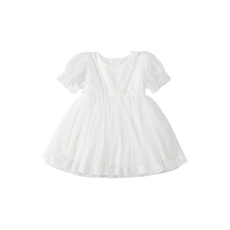 

Frobukio Kids Little Girls Puff Sleeve Dress Mesh Splicing Solid Color Summer Dress with Feather Tassel Decoration White 3-4 Years