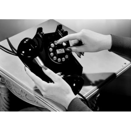 Woman holding vintage telephone Canvas Art - (24 x 36)