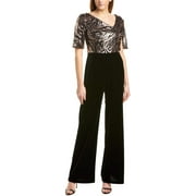Adrianna Papell Asymmetrical Neck Short Sleeve ZIpper Back Embellished Mesh Bodice Velvet Jumpsuit-BLACK ROSEGOLD / 2