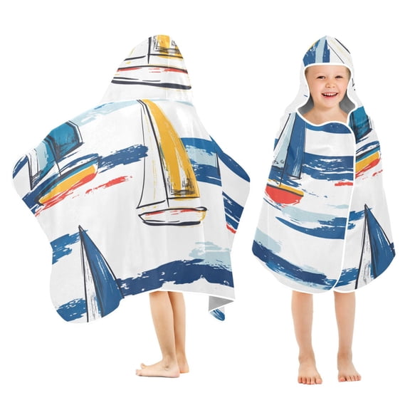 Yayeee Kids Hooded Towels Toddler Soft Absorbent Beach Bathing Wrap 50" x 23.5", Dark Blue Hand Drawn Sailboats