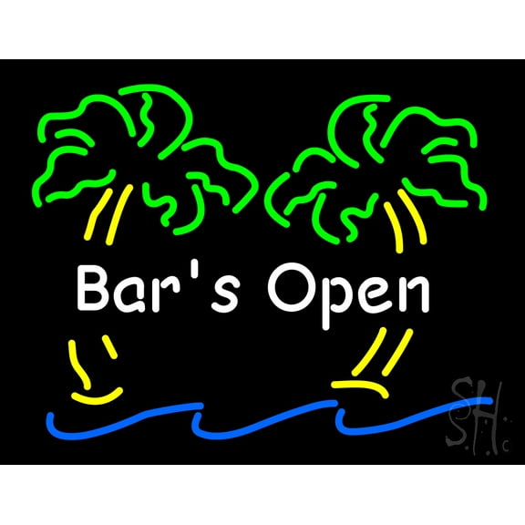 Bar Open with Two Palm Tree LED Neon Sign 15 x 19 - inches, Clear Edge Cut Acrylic Backing, with Dimmer - Bright and Premium built indoor LED Neon Sign for Bar decor.