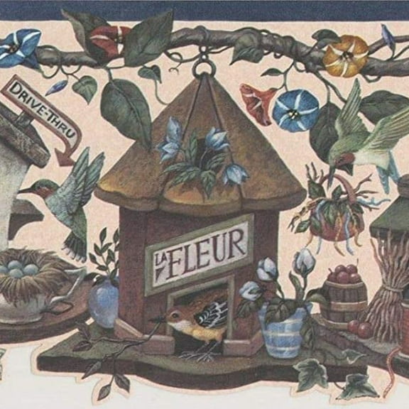 Concord Wallcoverings Cute Kitchen Style Wallpaper Border Featuring Bird Houses, Colors Blue Beige Brown, Size 9 Inches by 15 Feet 5811245