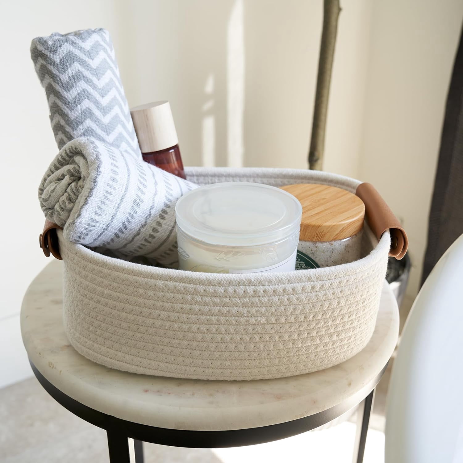 5 Pack Storage Baskets Set , Natural Woven Cotton Rope Organizer Bins for Shelves, Closet, Bathroom , Foldable Home Decor Basket for Bedroom, Living Room , Farmhouse, Modern Style