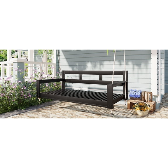 LiviNest Patio Porch Swing Daybed Frame: 350lbs Weatherproof Acacia Wood Swing Bed - Twin Size Farmhouse Design with 4 Hemp Ropes for Backyard & Garden Relaxation