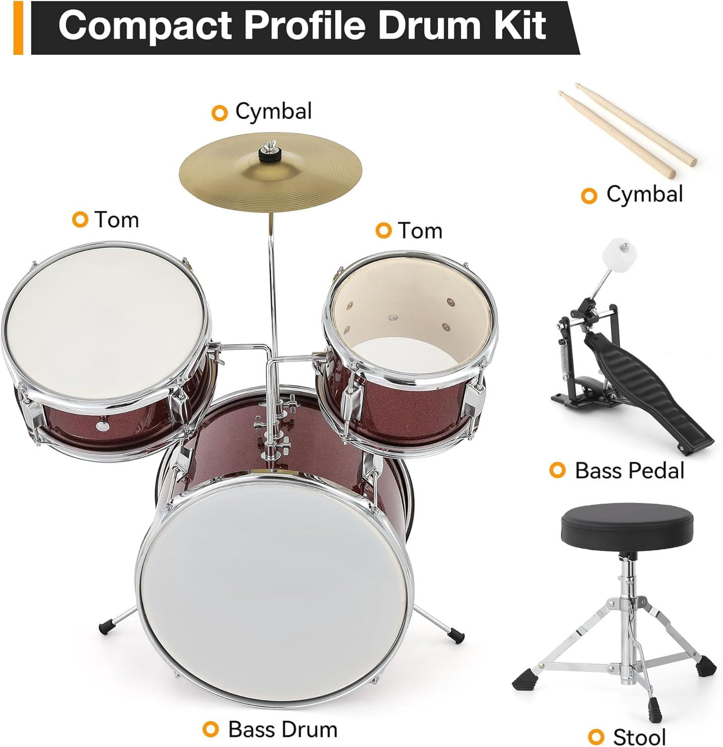 TEQIN Drum Set for Kids and Beginners, 3-Piece 14'' Drum Kit with Adjustable Throne, Cymbal, Pedal & Two Pairs of Drumsticks, Musical Instruments for Boys and Girls