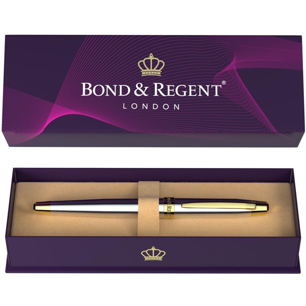 Bolígrafo rollerball de lujo Bond & Regent con oro de 24 quilates, plata y cromo