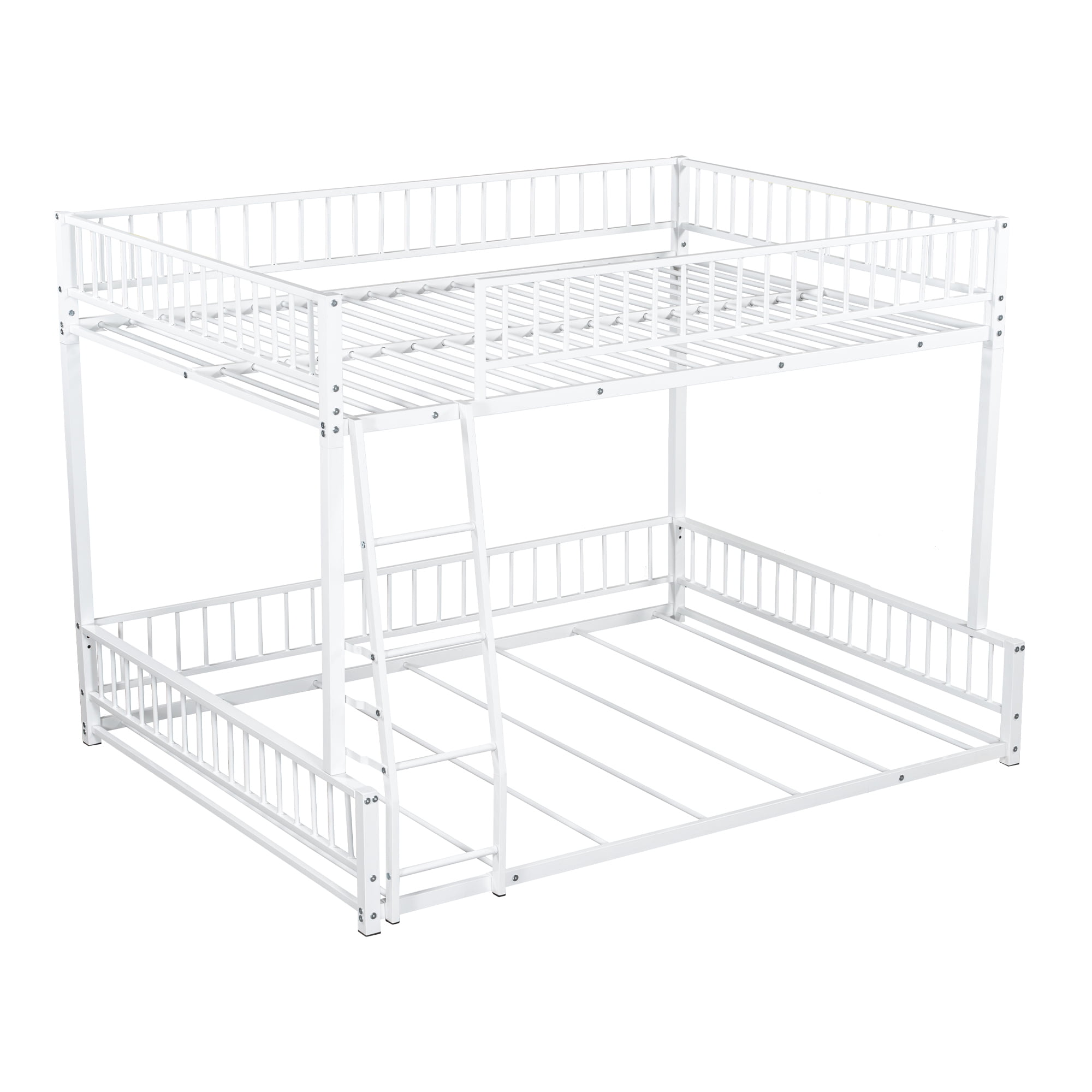 Full XL over Queen Bunk Bed, Heavy Duty Bunk Beds for Adults and Kids,Floor Bed Frame with Ladder and Safety Guardrails, Easy Assemble,White
