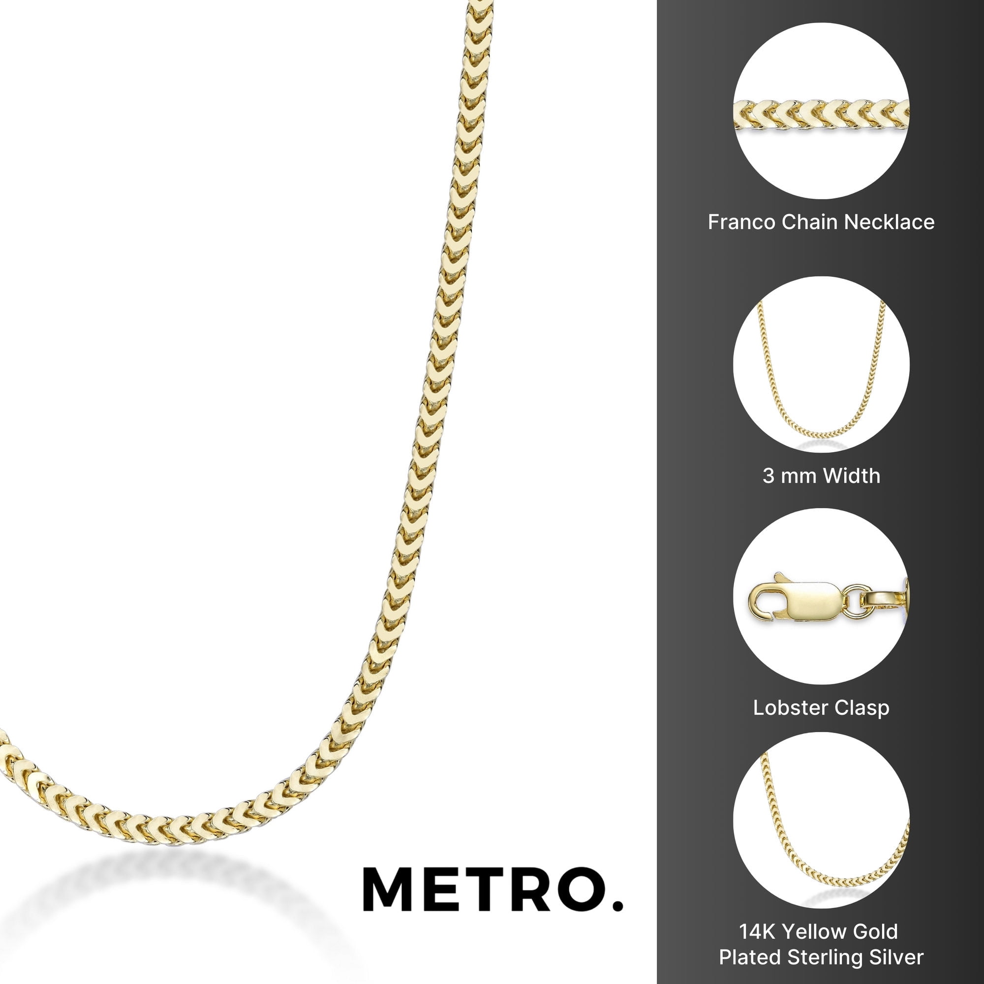 Yellow Gold Plated 925 Sterling Silver 3MM Franco Chain Necklace - 24 Inch