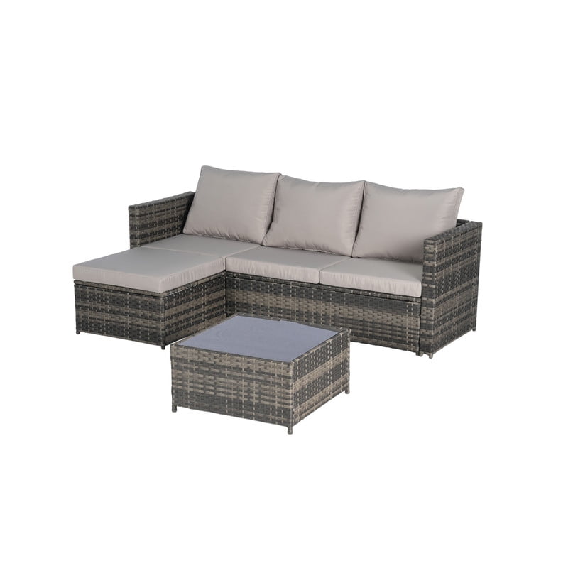 3-Piece Patio Furniture Set with Coffee Table, Outdoor L-Shaped Sectional Sofa Set with Ottoman, Wicker Outdoor Conversation Set for Backyard Poolside