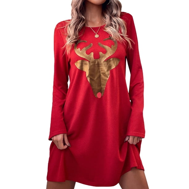 TRKIYQC Vestido rojo de una línea de Navidad para mujer, Mini vestido de fiesta con estampado de dibujos animados y cuello redondo de manga larga TRKIYQC moda