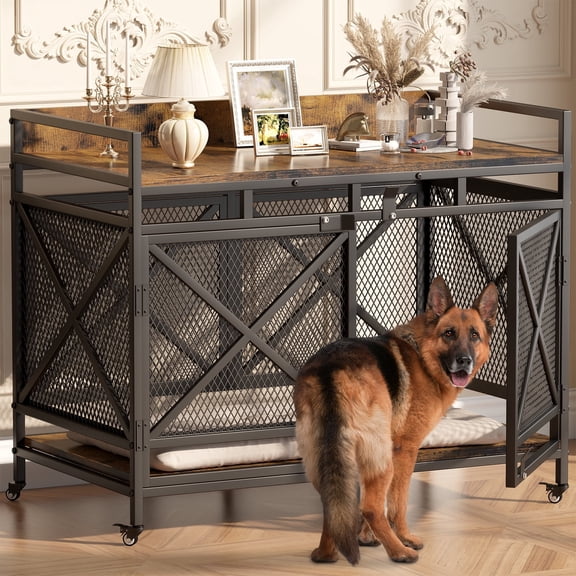 Scohul 48 inch Dog Crate Furniture for Large Dogs, TV Stand with Lockable Wheels, Heavy-Duty Indoor Kennel, Brown