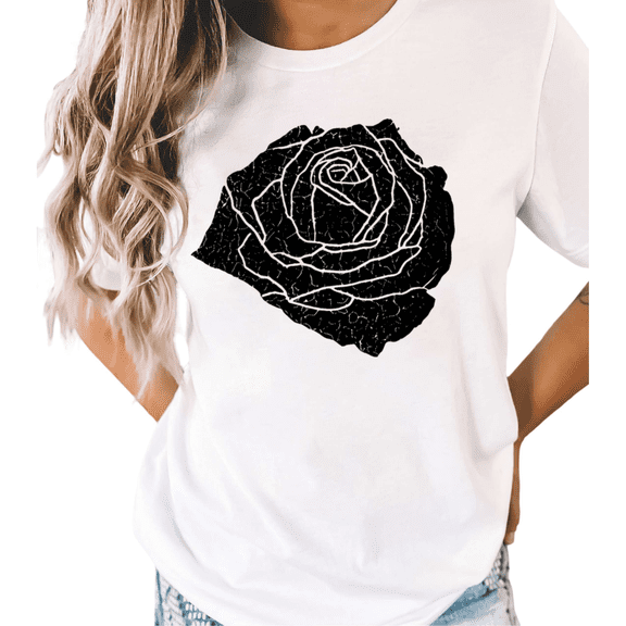 UNISHE Women's Crackled Black Rose Graphic White Short Sleeve T-Shirt Casual Cotton Crewneck Top