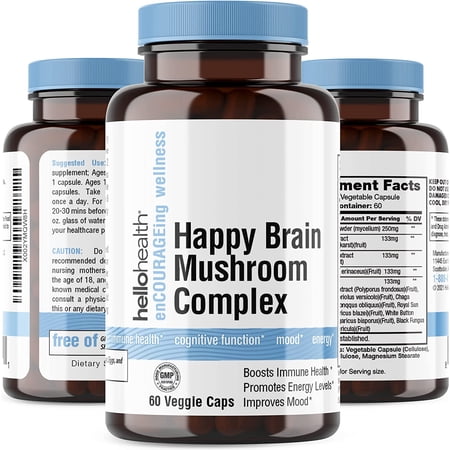 Happy Brain Mushroom Complex Nootropics Brain Support Supplement by Hello Health | Vegetable Capsule | 10 Mushroom Supplement Lions Mane, Stress Relief & Immune Support - 60 Capsules (1564 mg)