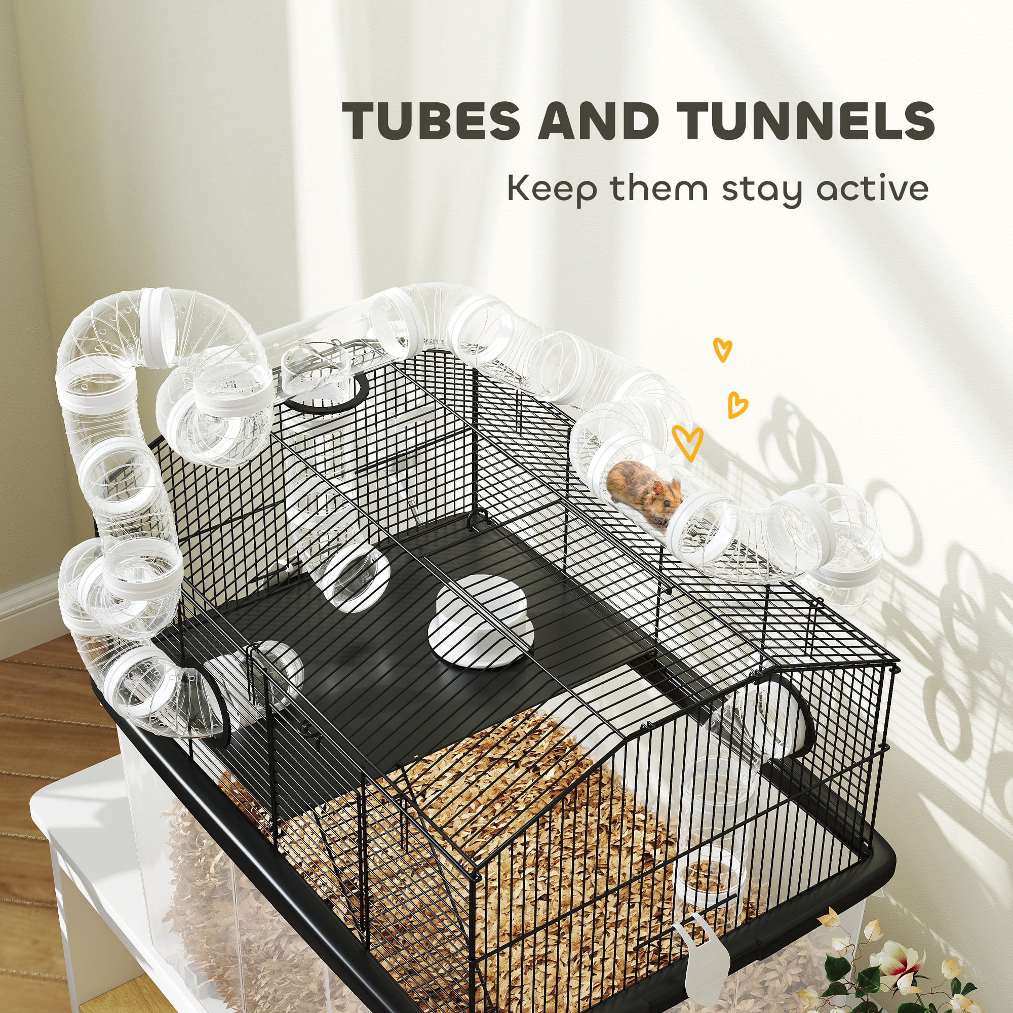 PawHut Hamster Cage with 12" Deep Tray, 2 Tier Gerbil Cage with Tube System, Water Bottle, Ramp, Feeding Bowl, 23" x 17" x 22", Black