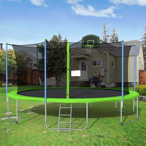 16' Round Trampoline for Kids, New Upgraded Outdoor Trampoline with Safety Enclosure Net, Basketball Hoop and Ladder, Heavy-Duty Trampoline for Indoor or Outdoor Backyard, Capacity 375lbs
