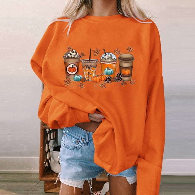 2023 Chandail en Molleton Mode pour Femmes 50 % de Rabais Liquidation Chandail en Molleton Halloween Femmes Citrouille Café Chandails en Molleton Graphiques Mignons Chemises Halloween Automne Chandail en Molleton Col Rond