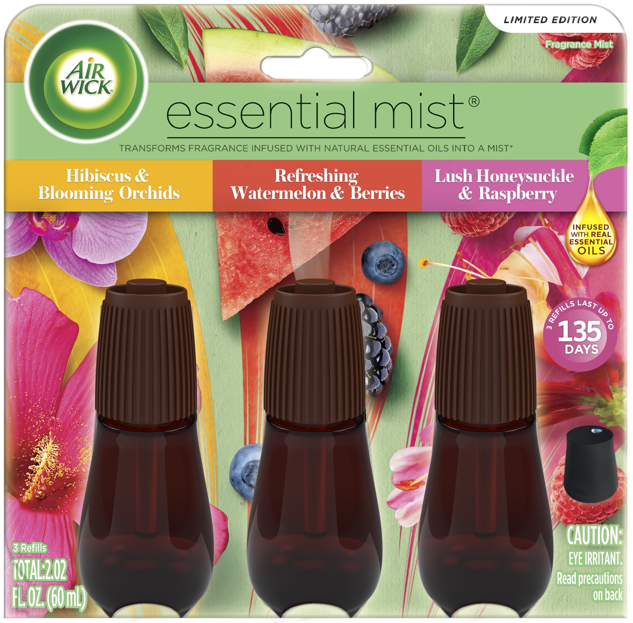 Air Wick Essential Mist Refill, 3ct, Multi-fragrance Pack, Hisbiscus & Blooming Orchids + Refreshing Watermelon & Berries + Lush Honeysuckle & Raspberry, Air Freshener, Essential Oils