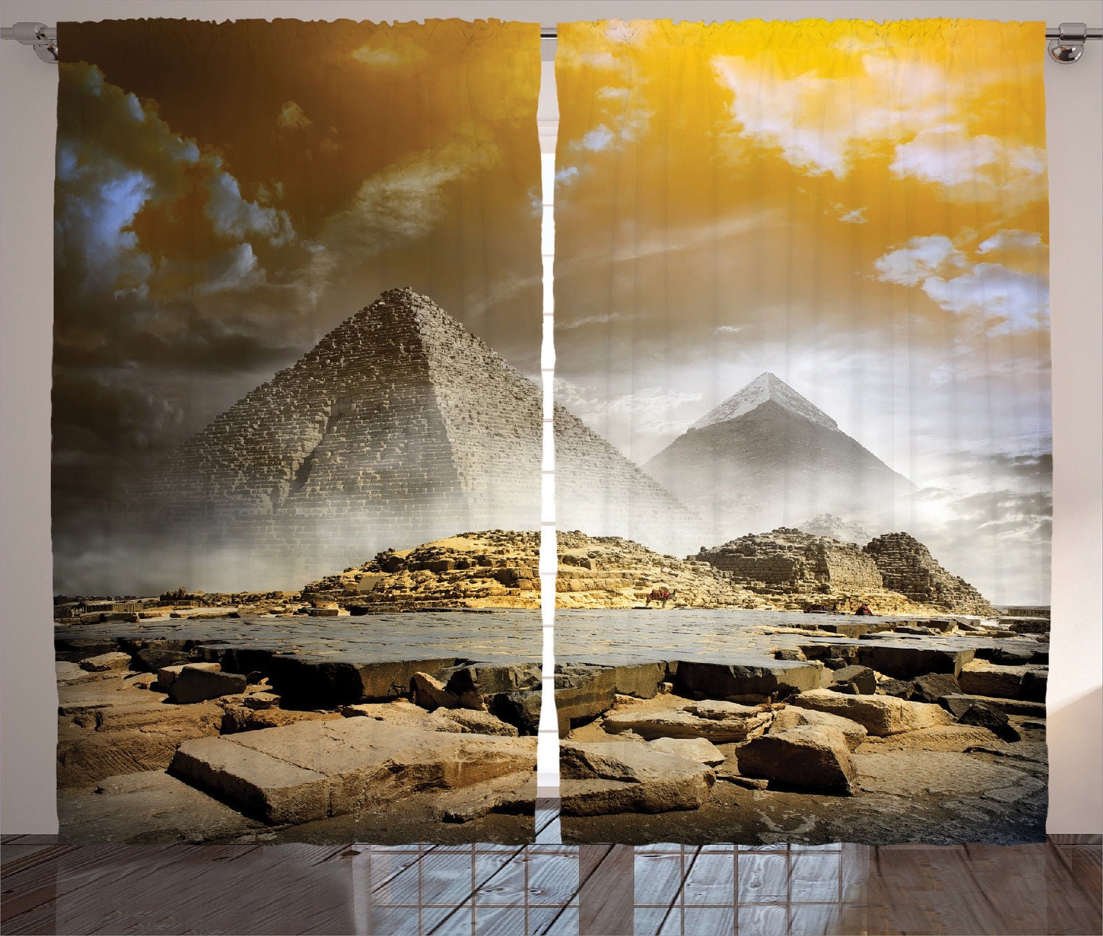 Egyptian Decor Curtains 2 Panels Set, Storm Clouds Over Pyramids