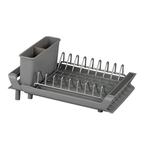 Escurridor de platos, escurridor de platos expandible para encimera de cocina con soporte para utensilios, escurridor de platos pequeño de acero inoxidable con escurridor para cocina en fregadero