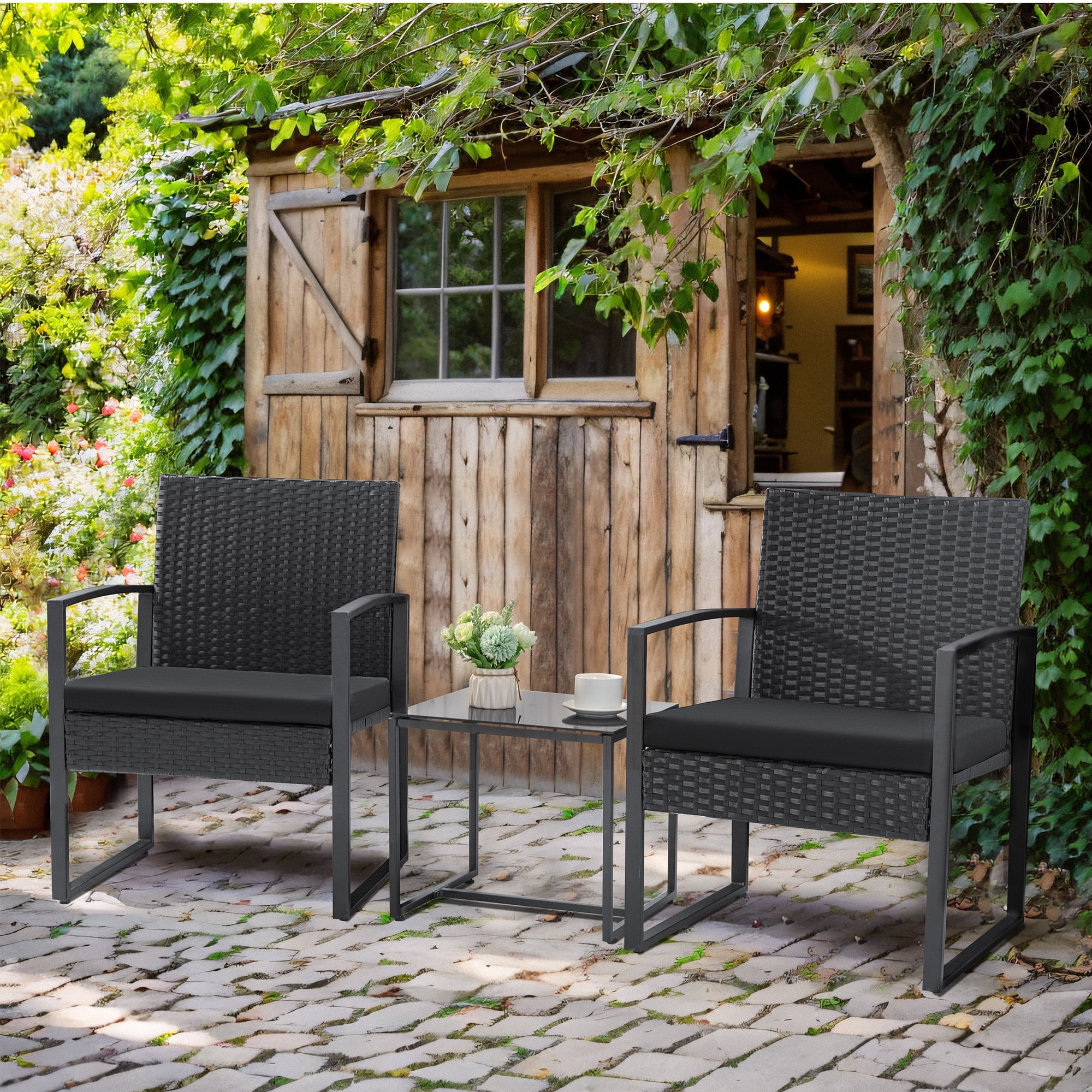 Homall 3-Piece Casual Bistro Set with Wicker Chairs and Coffee Table for Patio Furniture, Black