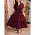thumbnail image 4 of Burgundy Plus Size V-Neck Wrap Maxi Dress With Tiered Ruffle Hem And Self-Tie Waist Belt, Short Sleeve, 4 of 8