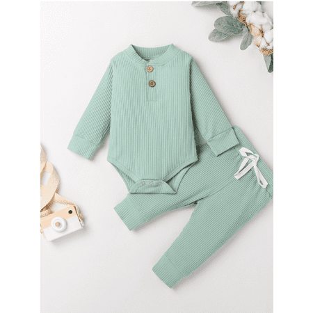 

Baby Knitting Romper Lace-up Pants Round Collar Long Sleeves Buttons Top Ruffle Jogger Trousers