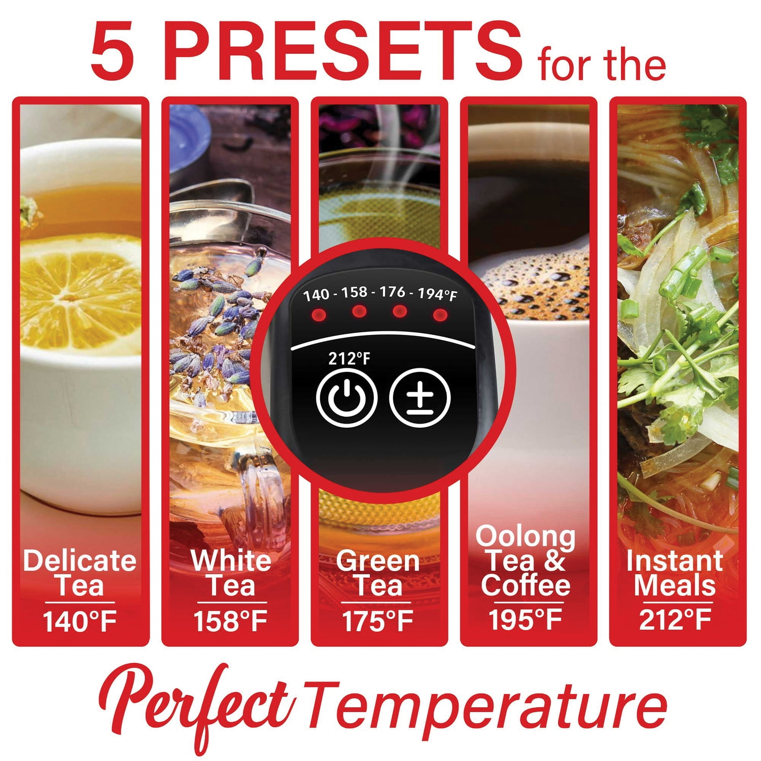 Brentwood 1,500-Watt 1.79-Qt. Cordless Digital Stainless Steel Kettle with 5 Temperature Presets and Swivel Base