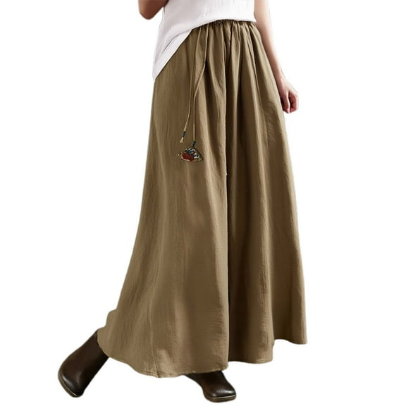 HJYCHN Bohemian Linen A-line Midi Skirt for Women Casual Dress Flowy Lightweight Long Skirt with Pockets Navy M