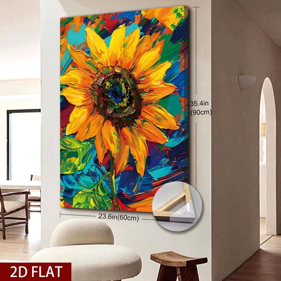 2D Flat 1pc Wooden Framed Extra Large Canvas Wall Art, Sunflower Painting Print, Colorful Home Decor, Floral Art, Flower Wall Art, Ready to Hang