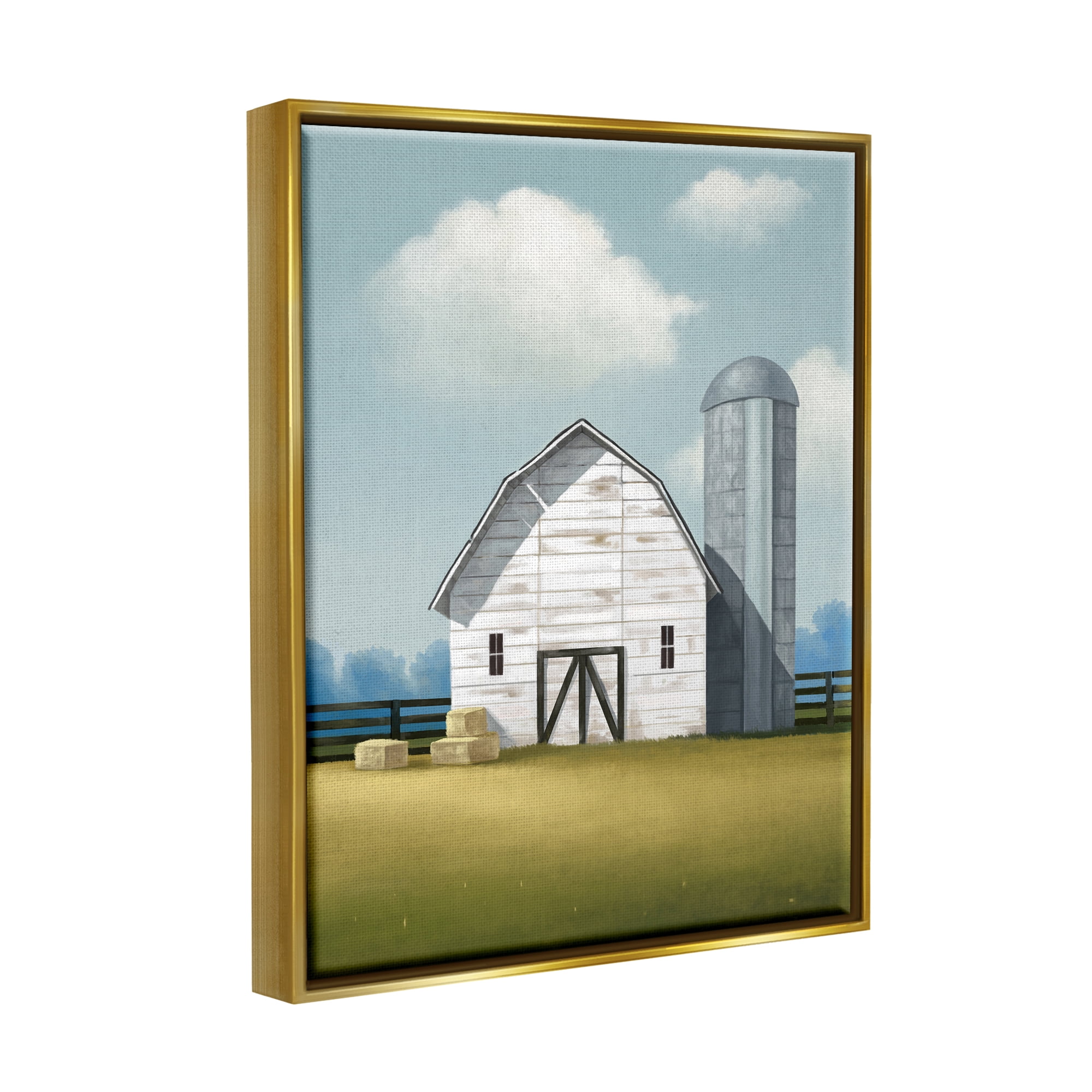 Stupell Industries White Barn with Hay Stacks Landscape Painting Gold Floater Framed Canvas Art Print Wall Art, 25 x 31