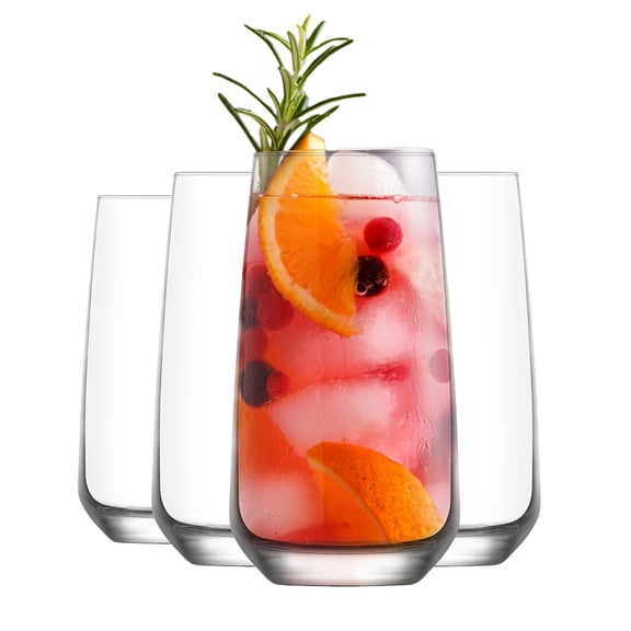 LAV Lead-Free Long Drink Glasses 16 1/4 oz (480 cc) Clear Durable Stemless Glassware for Cocktails, Juices, Mixed Beverages for Home, Bar, Restaurant