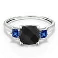 thumbnail image 2 of Gem Stone King 10K White Gold Black Onyx and Blue Created Sapphire 3 Stone Engagement Ring for Women (1.73 Cttw, Cushion Checkerboard 7MM, Gemstone December Birthstone, Size 7), 2 of 5