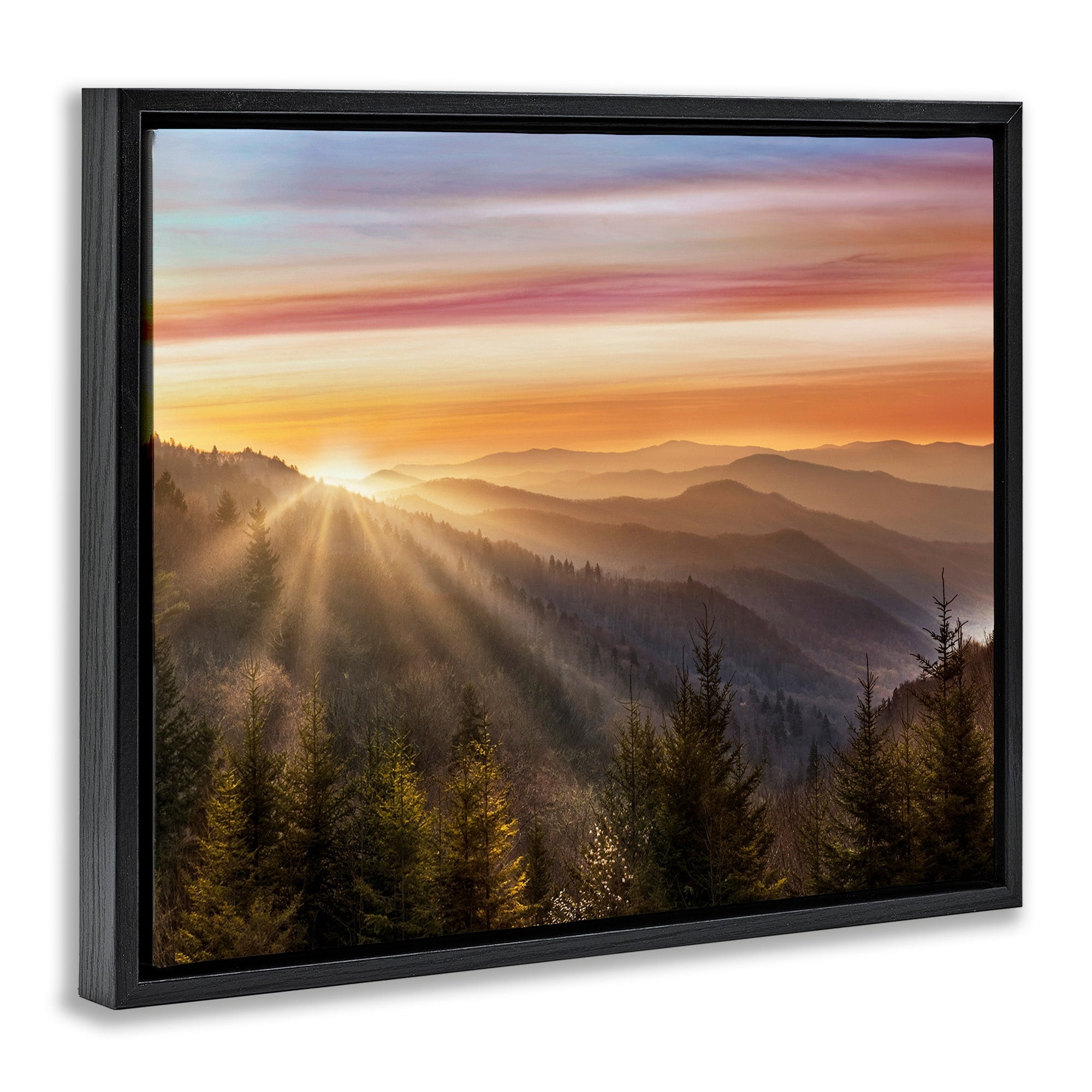 Stupell Industries Sunrise Through Mountain Forest Skyline Warm Sky Jet Black Framed Floating Canvas Wall Art, 24x30, by Danita Delimont
