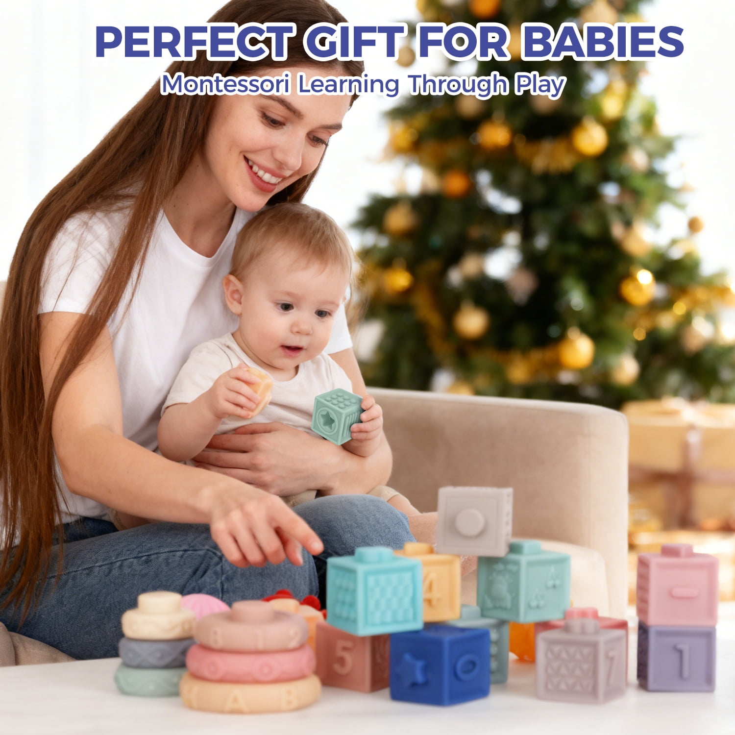 Askmuse 24PCS Montessori Toys,Baby Blocks Stacking Rings,Soft Teething Stacking Toy Set,Multi-Sensory Learning Play,Sensory Balls for Baby Toddler Development,for Ages 6M+