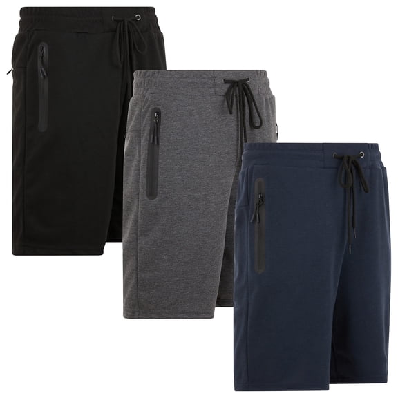 PURE CHAMP Mens Shorts 3 Pack Tech Fleece Gym Shorts for Men Athletic Workout Shorts with Zipper Pocket and Drawstring Size XS-3XL (SET-01 2XL)