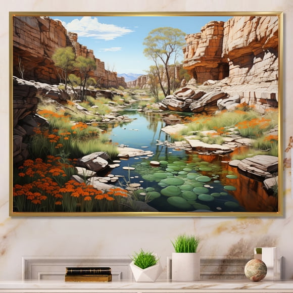 Designart Canyon framed wall Art, Neutral Verdant Canyon Abyss , Canyon Large framed wall art decor, Beige Traditional Gold framed wall art, 44x34 inches Gold Frame