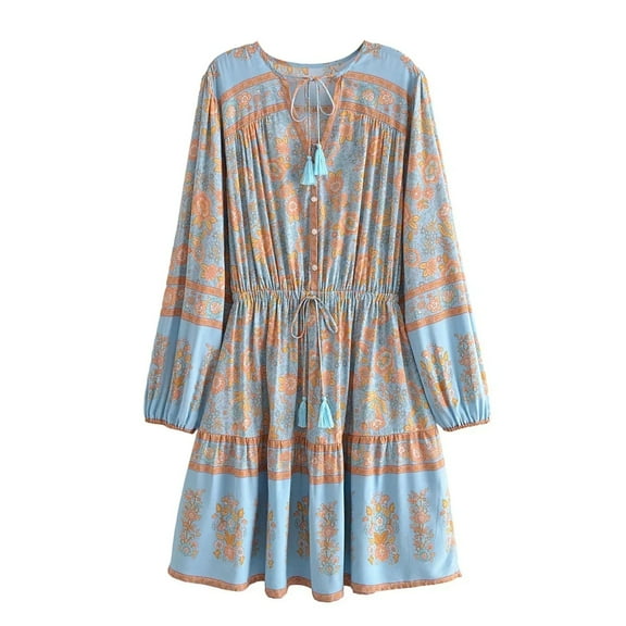 Blue Floral Print Lace-up Tassel Vintage Women Hippie Bohemian Mini Dress Ladies Long Sleeve Rayon Summer Boho Dress