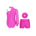 thumbnail image 2 of TSSOE Kids Girls One Shoulder Gymnastics Leotard Ballet Dance Jumpsuit with Shorts and Hair Scrunchies Set Hot Pink 14, 2 of 3
