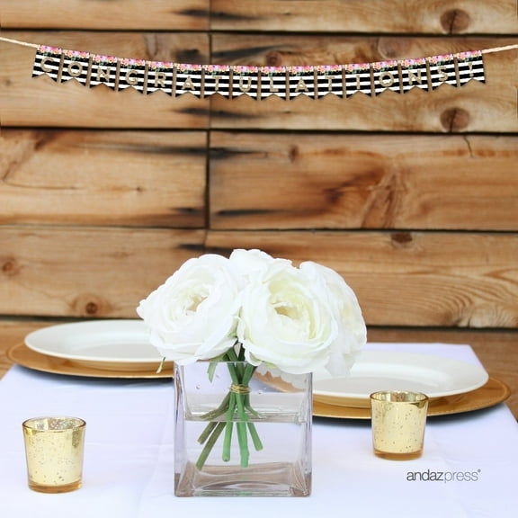 Congratulations! Floral Gold Glitter Wedding Hanging Pennant Party Banner with String