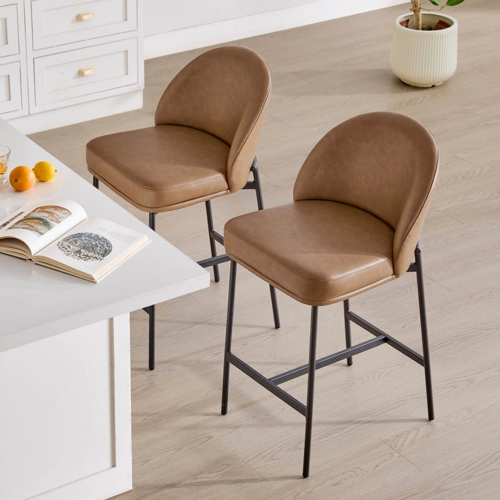 Spruce & Spring Modern Counter Bar Stool with Metal Arc Backrest and Upholstered Seat Set of 2, Saddle Brown with Black Legs