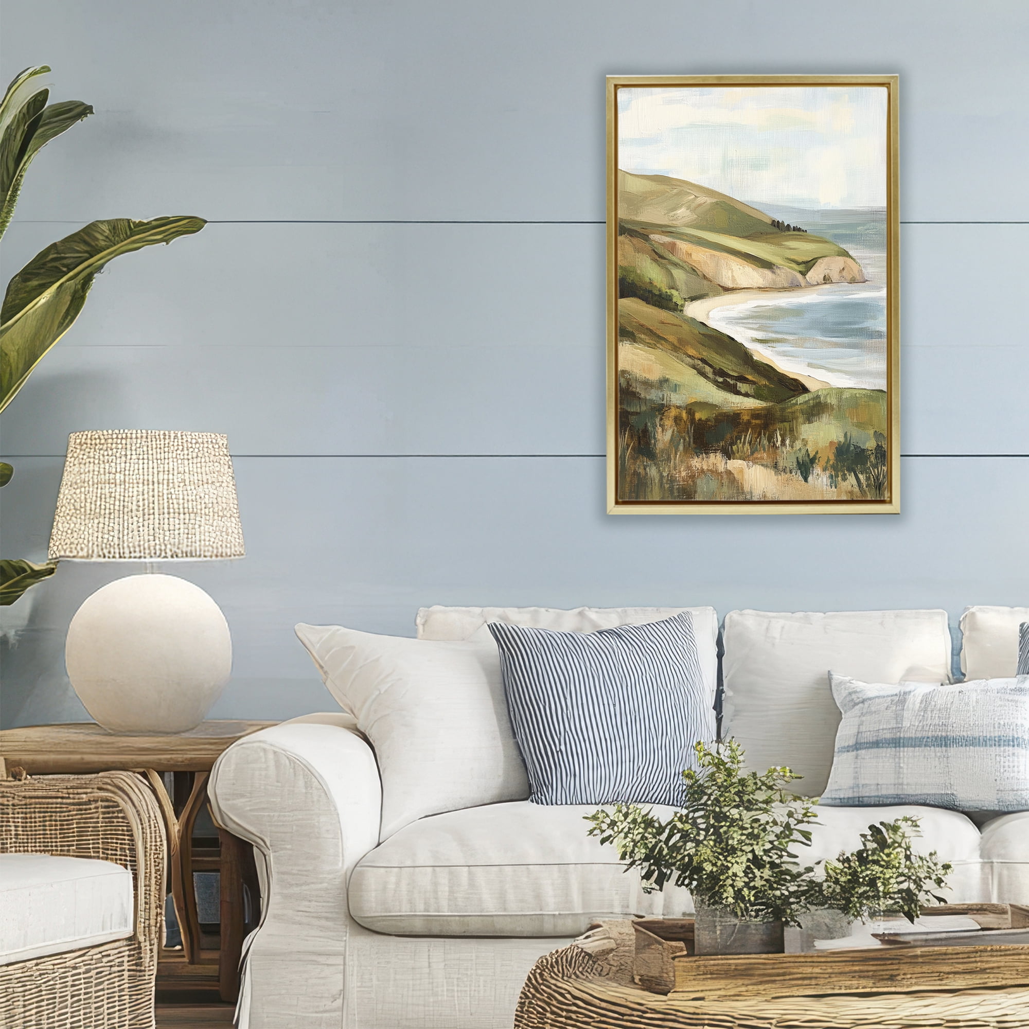 Stupell Industries Painted Cliffside Coastal Morning Light Gold Framed Floater Canvas Wall Art, design by Petal Prints Design