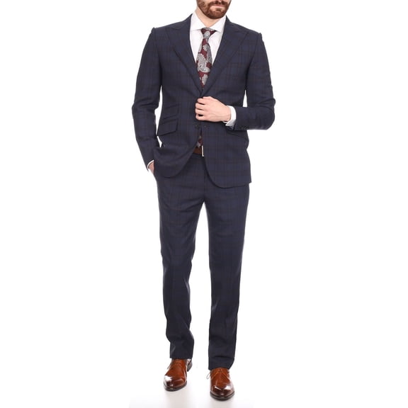 Napoli Mens Navy & Purple Plaid 100% Wool Slim Fit Suit With Peak Lapels