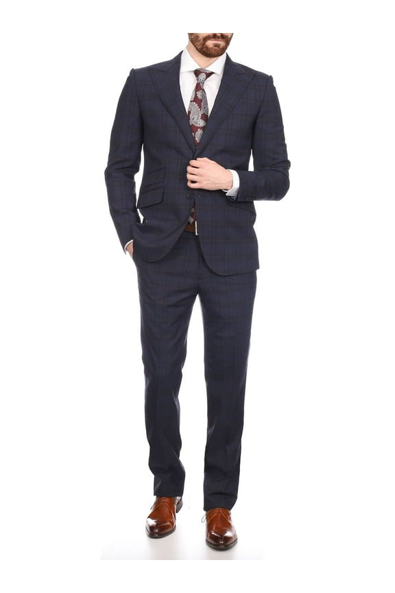 Mens Navy & Purple Plaid 100% Wool Slim Fit Suit With Peak Lapels