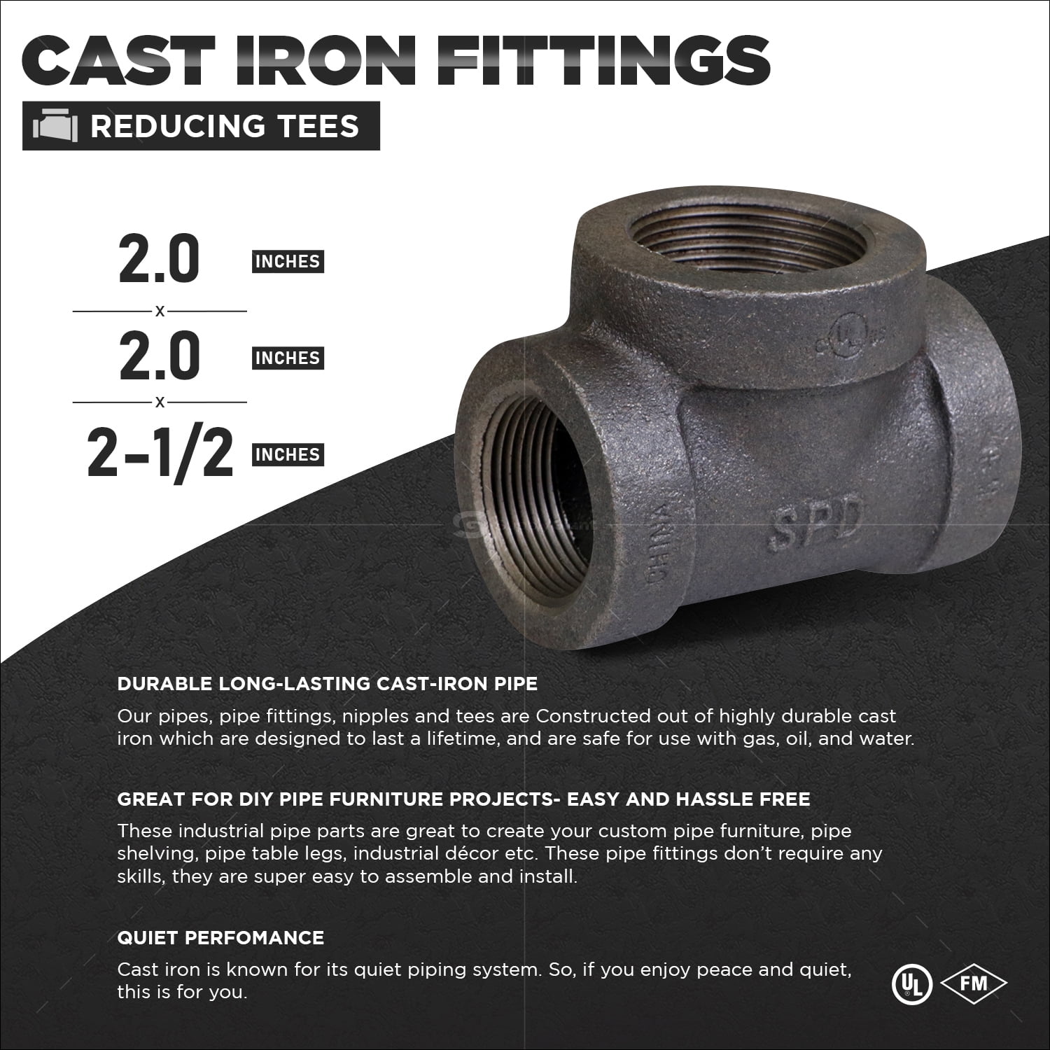 Supply Giant 2" x 2" x 2-1/2" BLack Pipe Fitting Reducing Tee Cast Iron